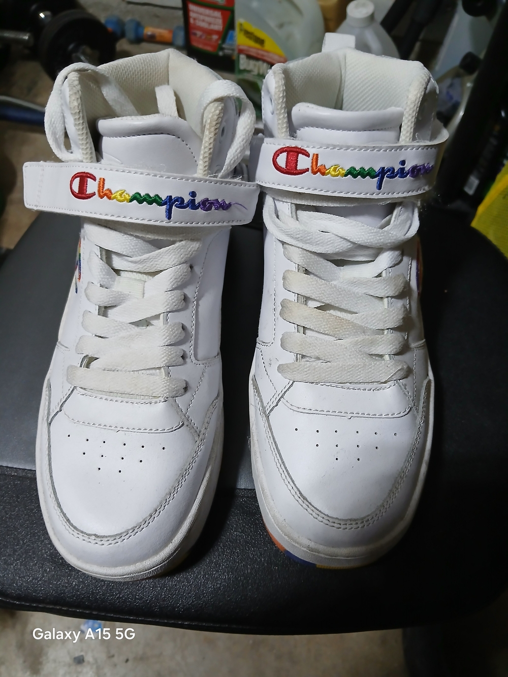 Champion White High-Top Sneakers with Rainbow Script